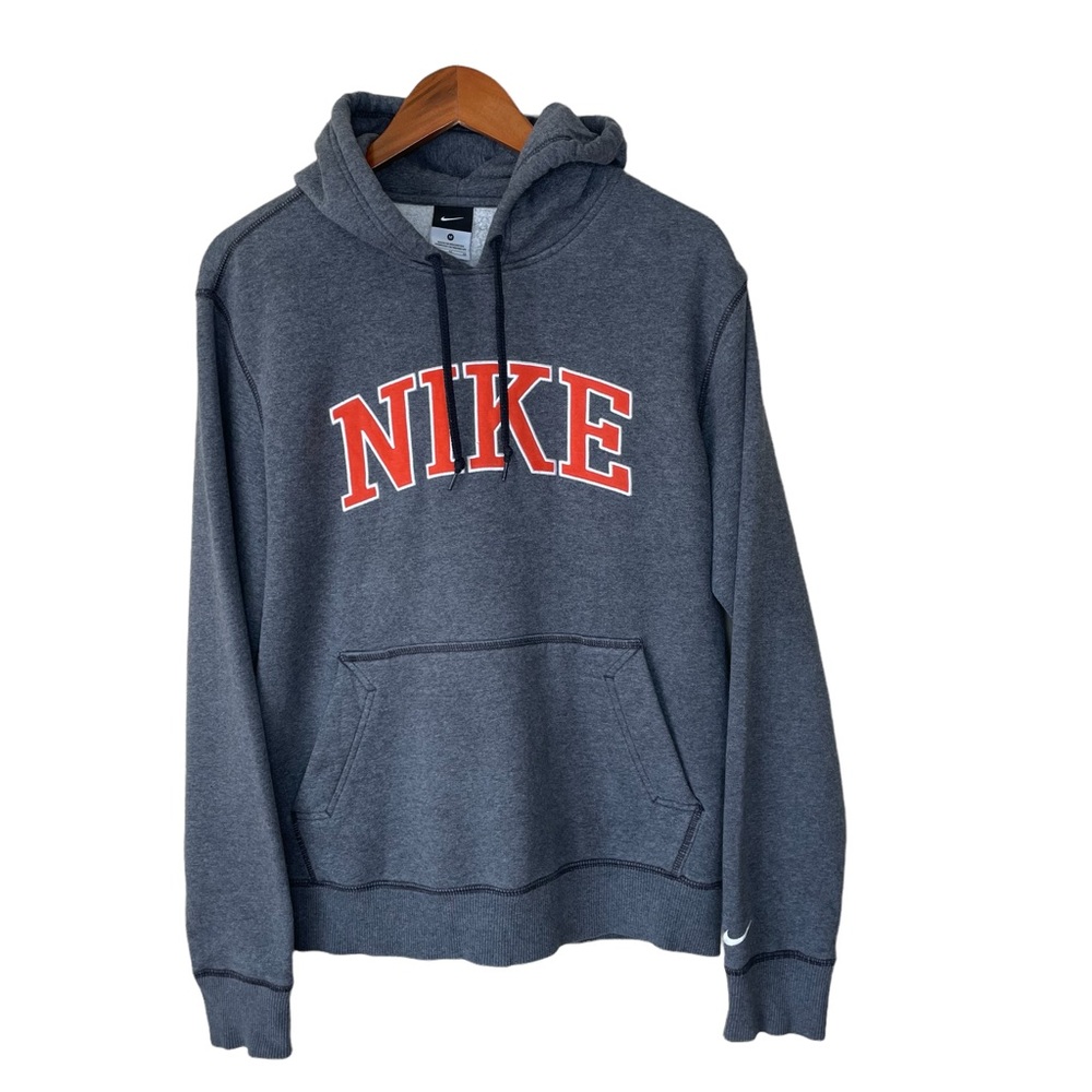 NIKE Gray Hoodie Orange Lettering Exposed Stitches Size Medium